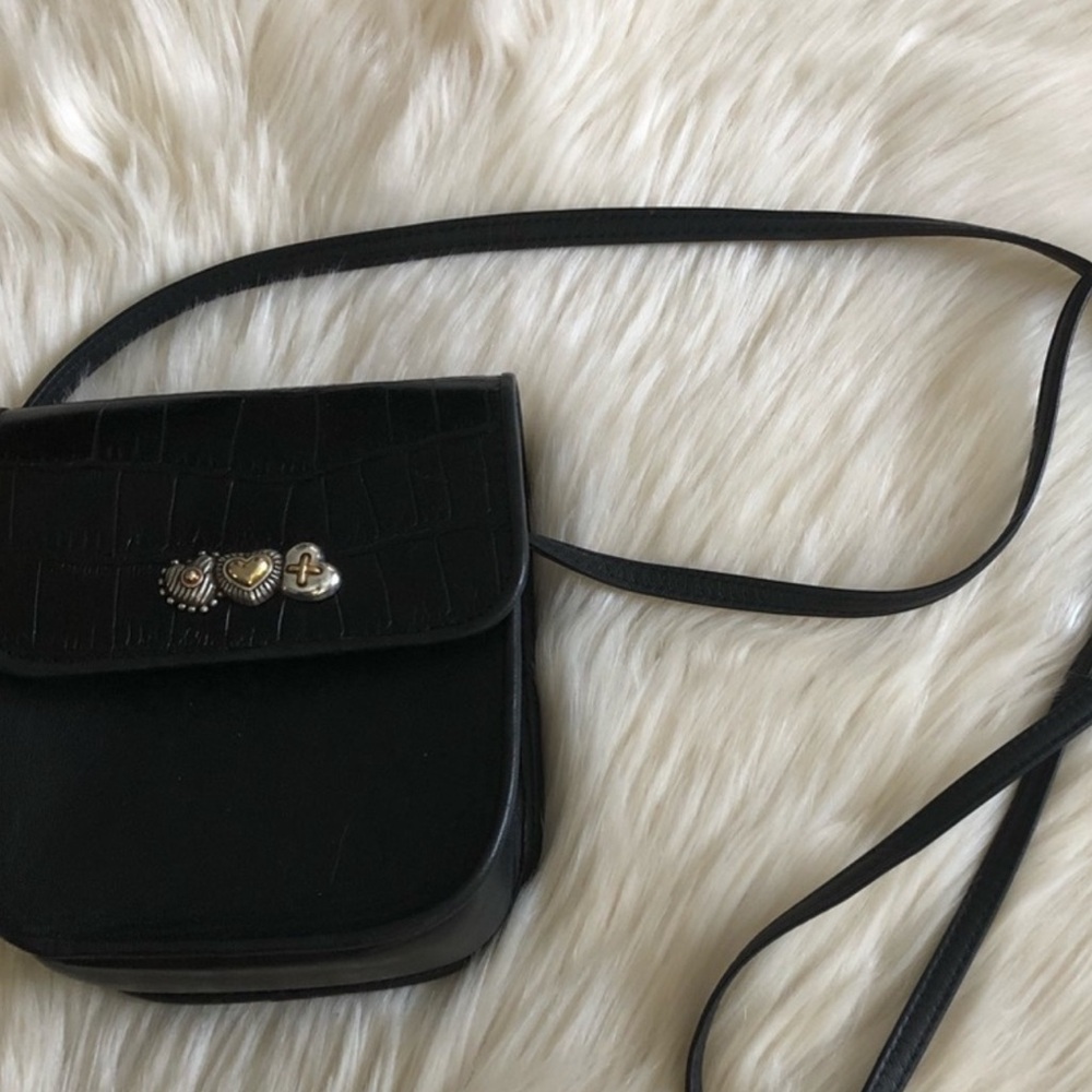 Brighton, blk leather croc flap crossbody 2 tone triple heart medallions